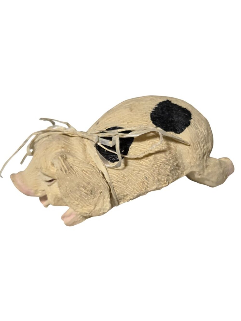 Handmade Spotted Pig Figurine Raffia Bow Farmhouse Country Rustic Home Decor